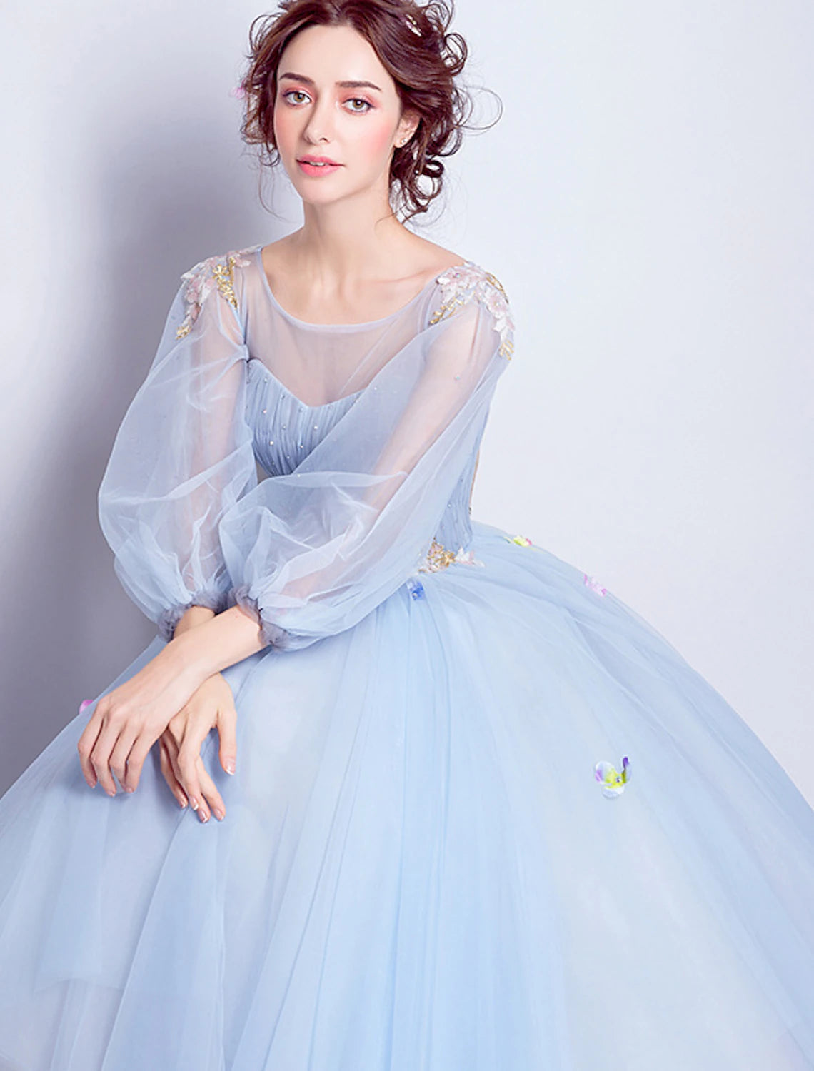 Luolandi Ball Gown Prom Dresses Elegant Dress Quinceanera Engagement Floor Length 3/4 Length Sleeve Illusion Neck Tulle