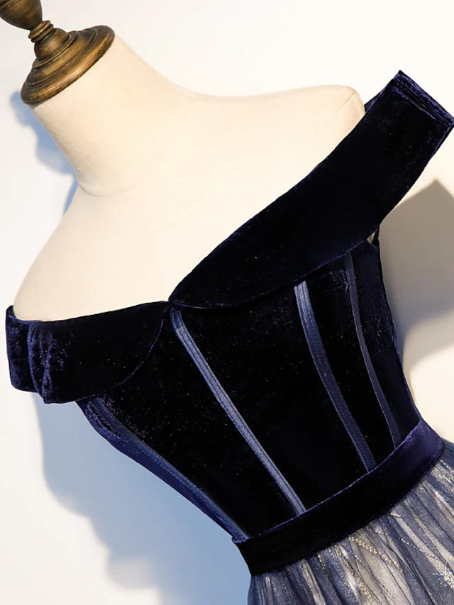 Luolandi A-Line Elegant Floral Prom Formal Evening Dress Off Shoulder Short Sleeve Sweep / Brush Train Tulle with Pleats