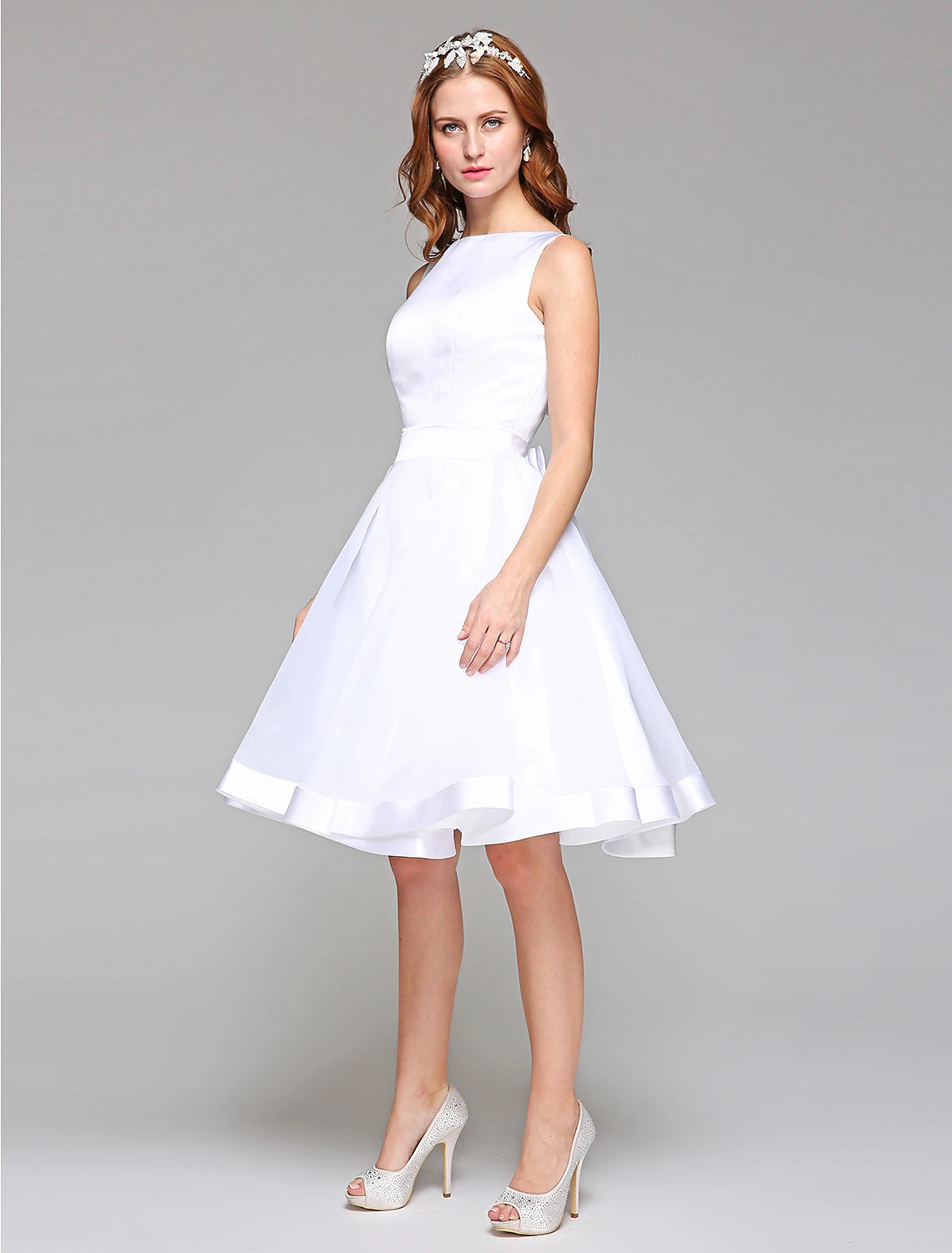 Luolandi Wedding Dresses A-Line Bateau Neck Regular Straps Knee Length Satin Bridal Gowns With Bowknot Sash