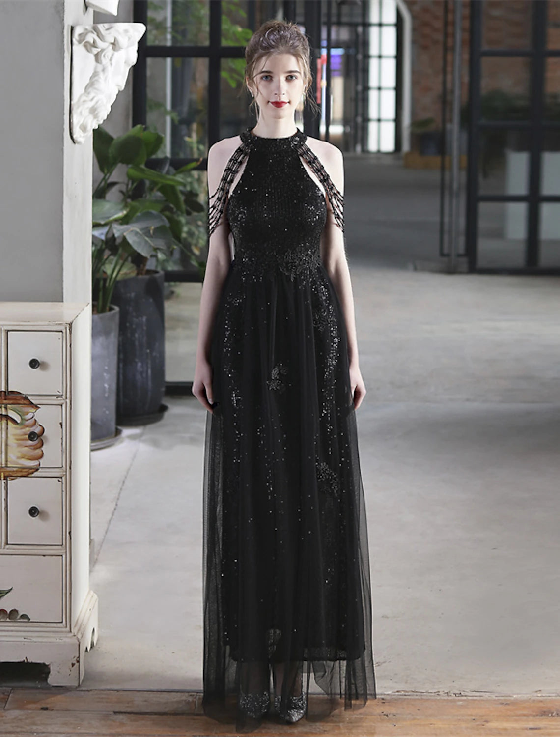 Luolandi A-Line Prom Dresses Sparkle & Shine Dress Party Wear Floor Length Short Sleeve High Neck Polyester with Sequin