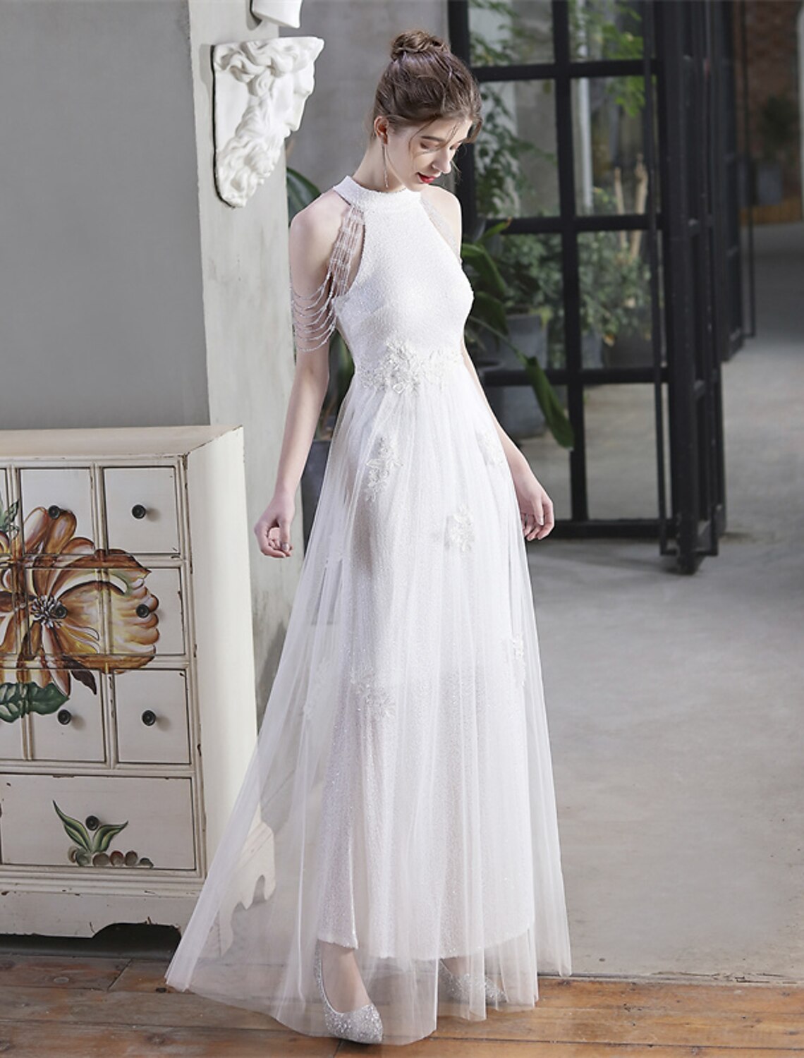 Luolandi A-Line Prom Dresses Sparkle & Shine Dress Party Wear Floor Length Short Sleeve High Neck Polyester with Sequin