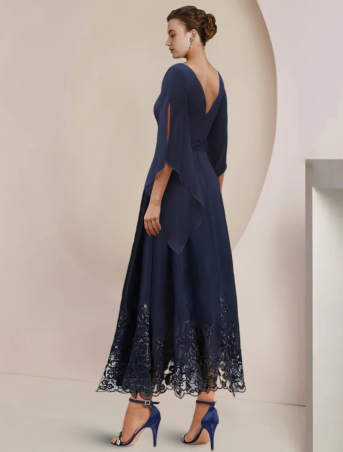 Luolandi A-Line Mother of the Bride Dress Wedding Guest Party Elegant Scoop Neck Tea Length Chiffon Lace 3/4 Length Sleeve