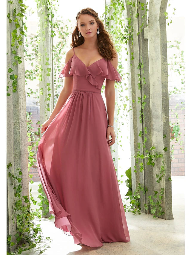 Luolandi A-Line Bridesmaid Dress Spaghetti Strap Short Sleeve Open Back Floor Length Chiffon with Ruffles