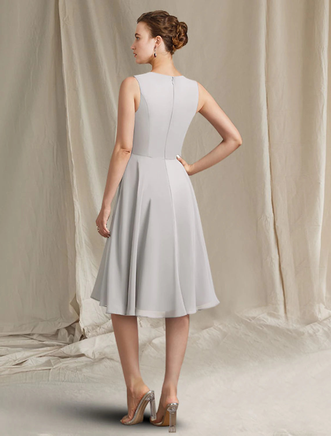 Luolandi Two Piece A-Line Mother of the Bride Dress Church Elegant Jewel Neck Knee Length Chiffon Lace Sleeveless Wrap Included with Pleats