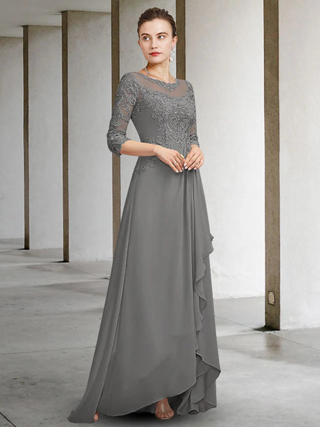 Luolandi A-Line Mother of the Bride Dress Elegant High Low Jewel Neck Floor Length Chiffon Lace Half Sleeve with Pleats Ruffles