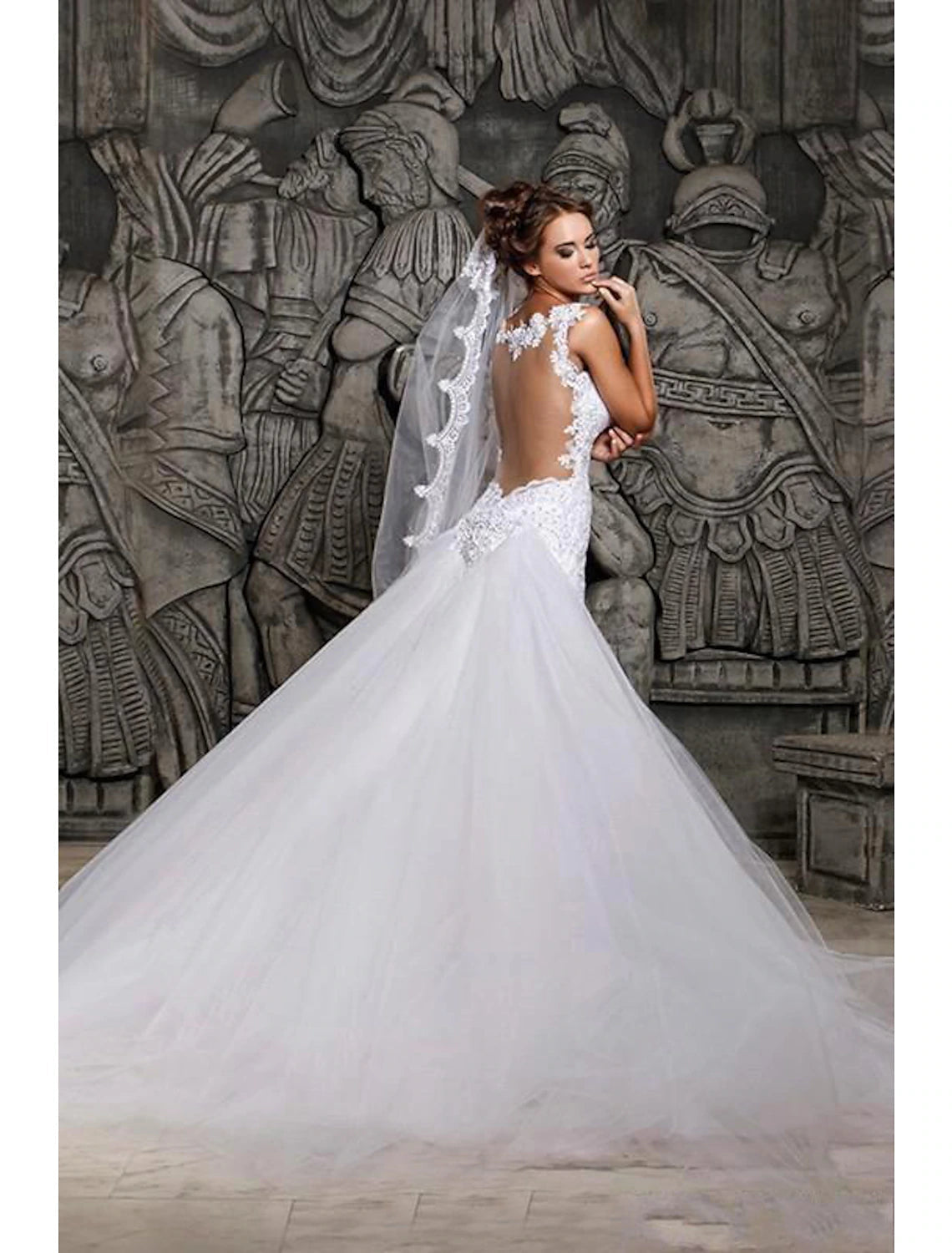 Luolandi Engagement Open Back Formal Wedding Dresses Mermaid / Trumpet Sweetheart Cap Sleeve Court Train Lace Bridal Gowns