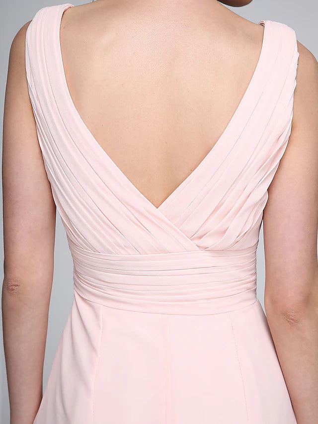 Luolandi Sheath / Column Bridesmaid Dress V Neck Sleeveless Elegant Floor Length Chiffon with Criss Cross