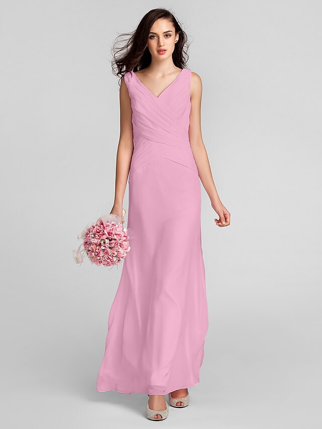 Luolandi Sheath / Column Bridesmaid Dress V Neck Sleeveless Floor Length Chiffon with Criss Pure Color Pure Color Cross