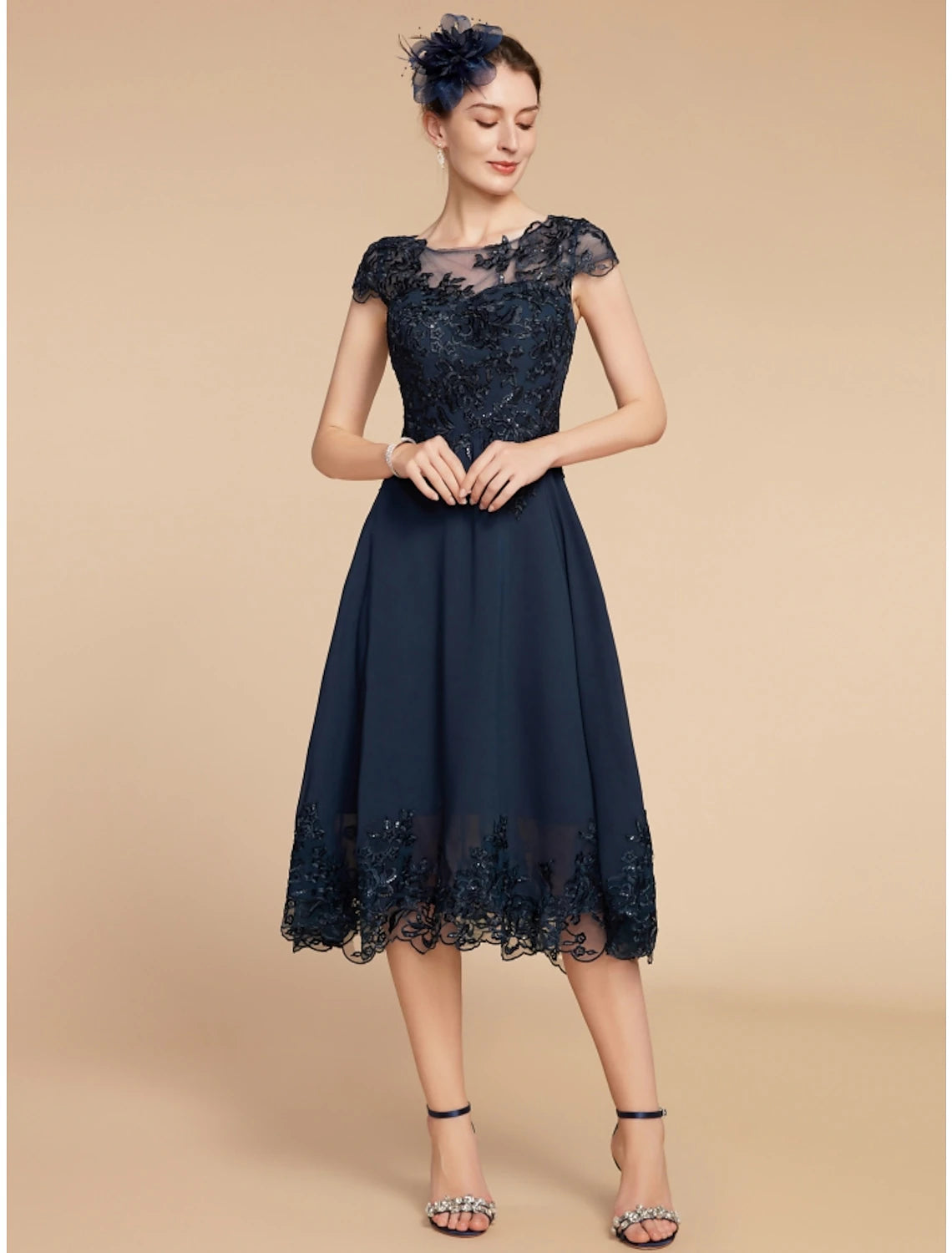 Luolandi A-Line Mother of the Bride Dress Wedding Guest Elegant Petite Scoop Neck Tea Length Chiffon Lace Cap Sleeve with Sequin Ruching