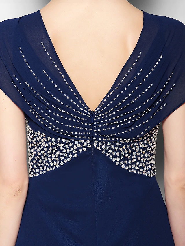 Luolandi A-Line Mother of the Bride Dress V Neck Court Train Georgette Short Sleeve with Beading Sequin Dark Navy