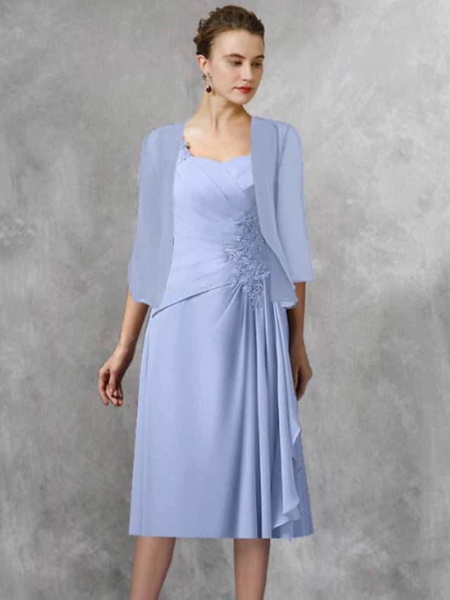 Luolandi Two Piece A-Line Mother of the Bride Dress Wedding Guest Elegant Square Neck Tea Length Chiffon Lace Half Sleeve Wrap Included with Appliques