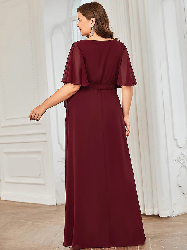 Luolandi A-Line Bridesmaid Dress V Neck Short Sleeve Elegant Floor Length Chiffon with Ruffles / Draping