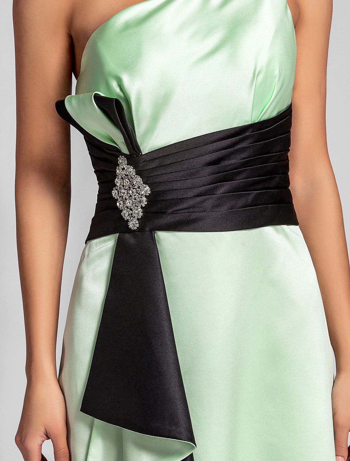 Luolandi A-Line One Shoulder Floor Length Satin Bridesmaid Dress with Crystal Brooch