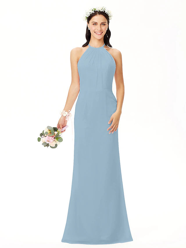 Luolandi Sheath / Column Bridesmaid Dress Jewel Neck Sleeveless Elegant Floor Length Chiffon
