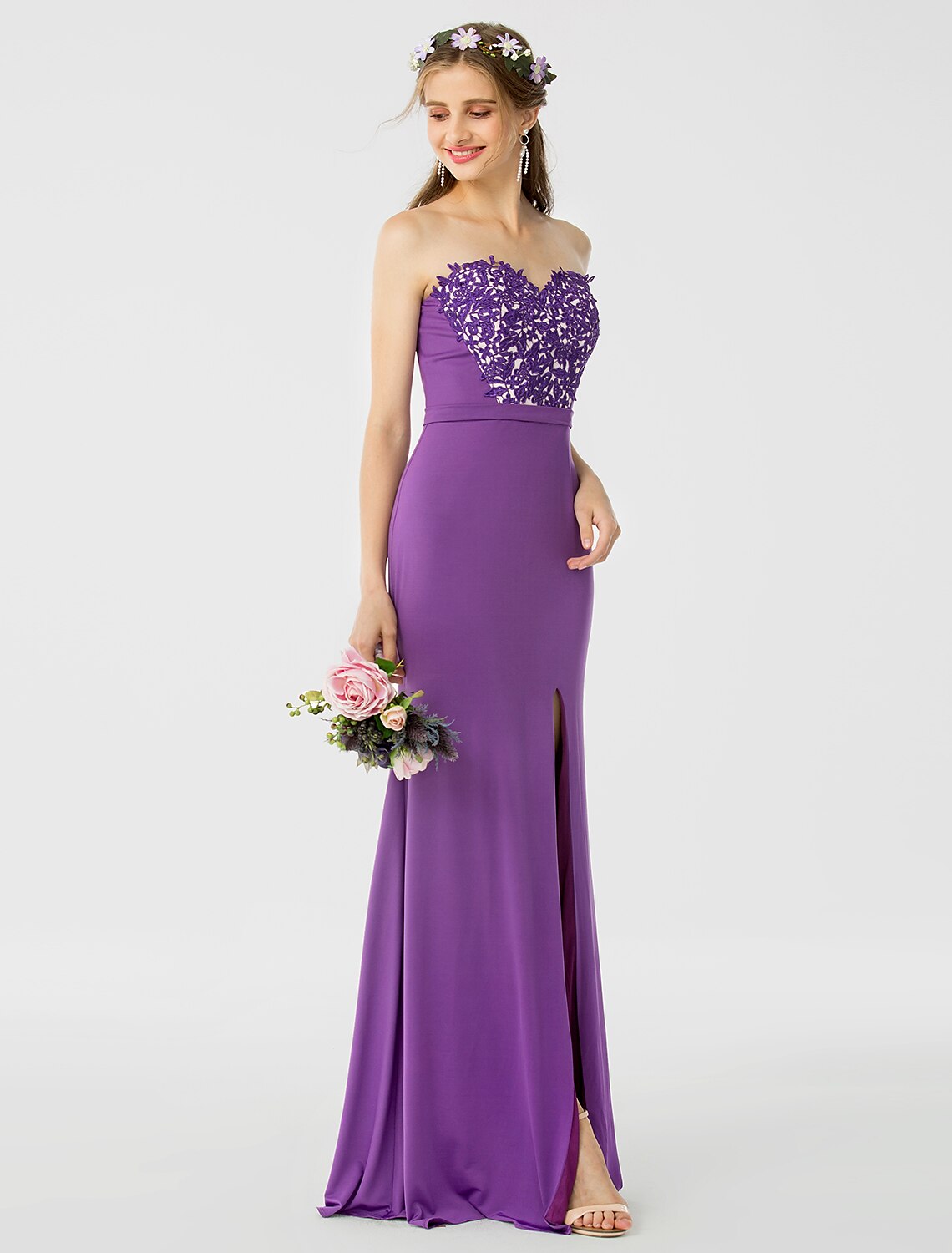 Luolandi Sheath / Column Bridesmaid Dress Sweetheart Sleeveless Open Back Floor Length Jersey / Floral Lace with Sash / Ribbon / Appliques