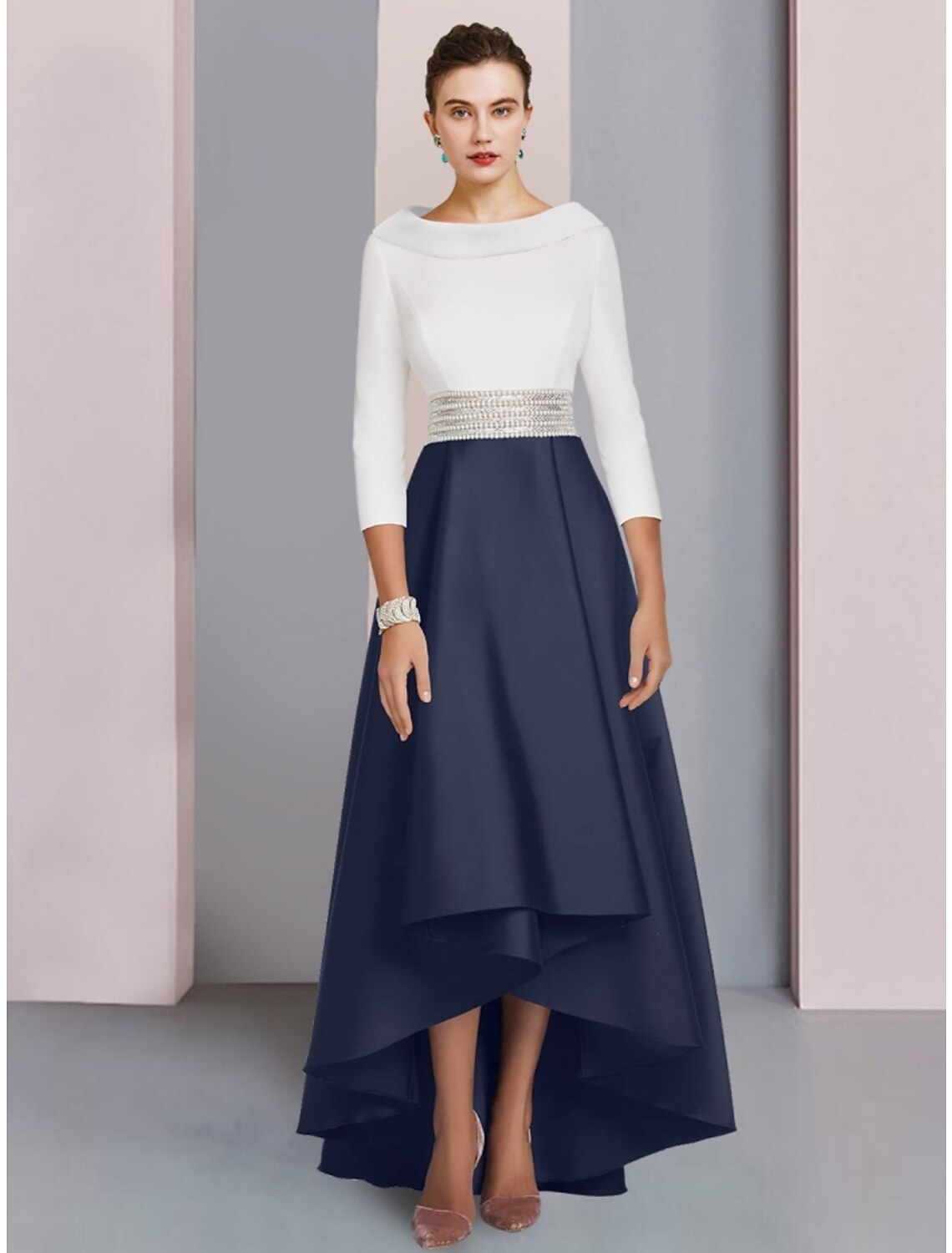 Luolandi A-Line Mother of the Bride Dress Wedding Guest Elegant Scoop Neck Asymmetrical Floor Length Satin 3/4 Length Sleeve with Sequin