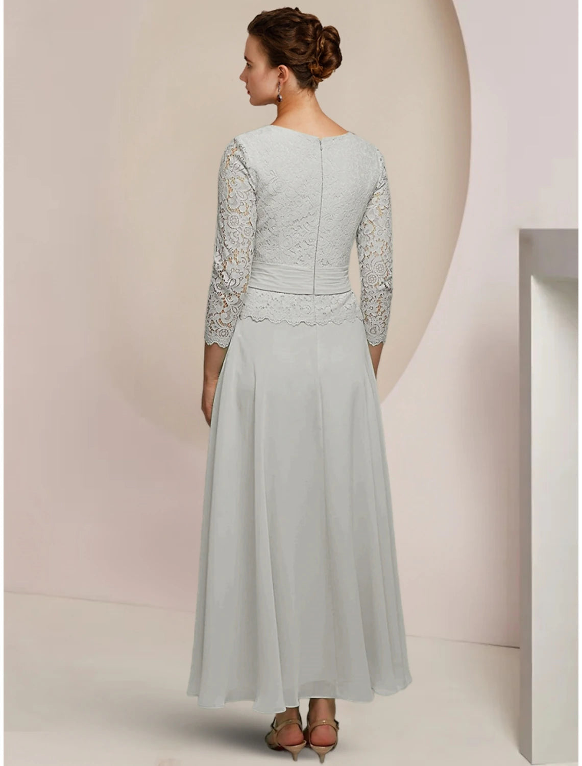 Luolandi A-Line Mother of the Bride Dress Wedding Guest Elegant Jewel Neck Ankle Length Chiffon Long Sleeve