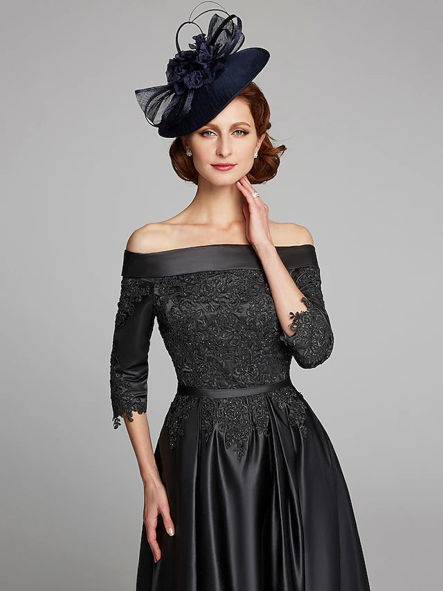 Luolandi A-Line Mother of the Bride Dress Plus Size Sexy Off Shoulder Tea Length Satin Lace 3/4 Length Sleeve
