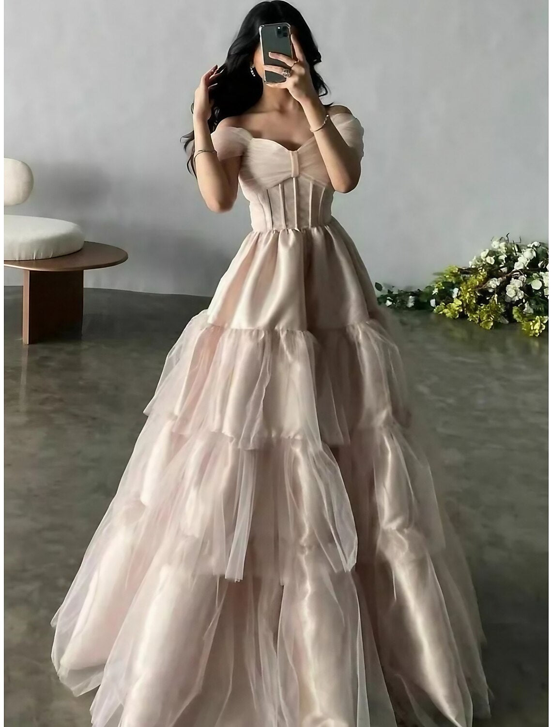 Luolandi A-Line Evening Gown Princess Dress Formal Floor Length Short Sleeve Off Shoulder Satin