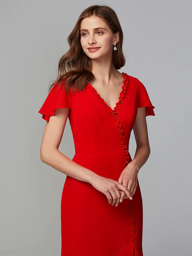 Luolandi Sheath / Column Bridesmaid Dress V Neck Short Sleeve Open Back Floor Length Chiffon with Split