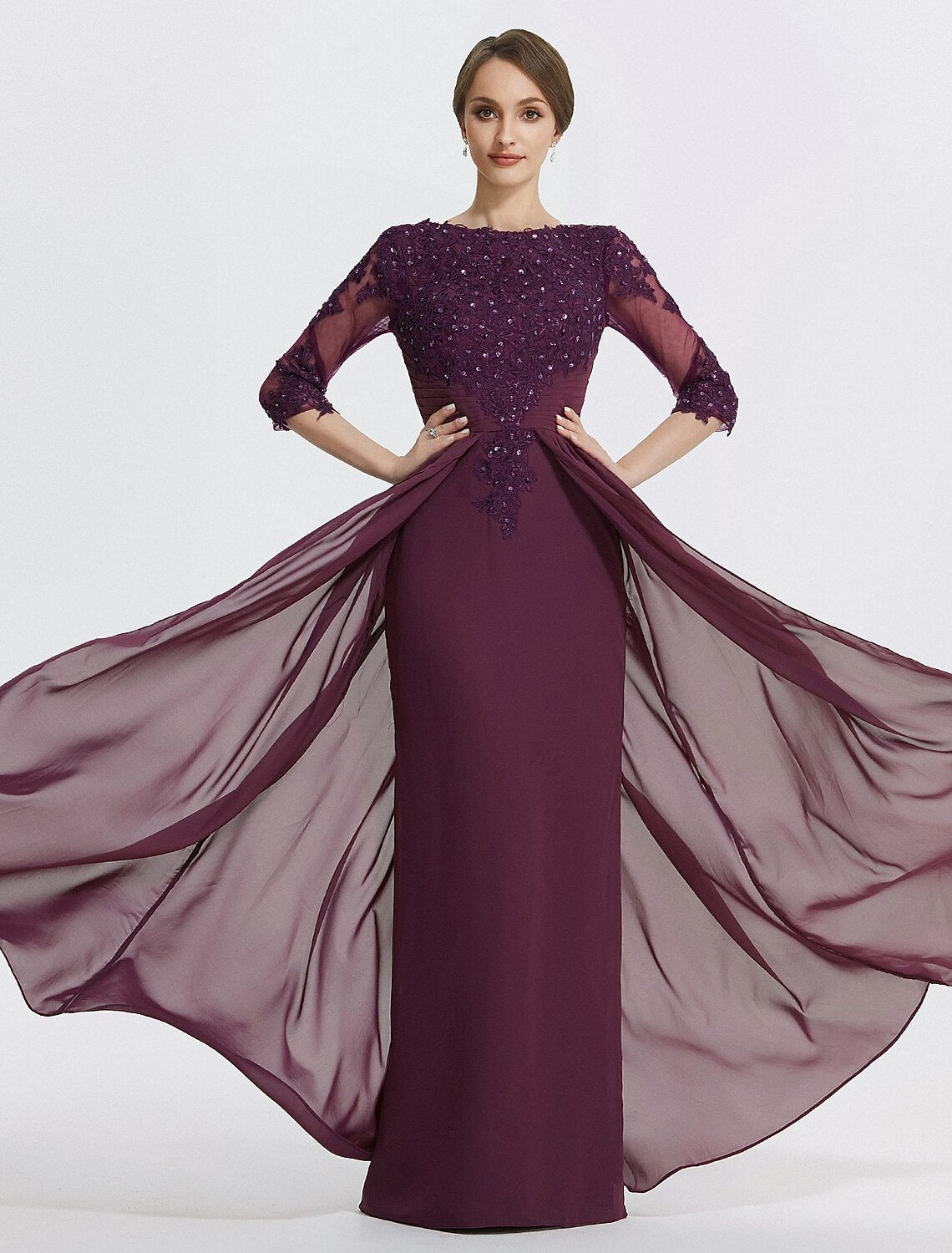 Luolandi A-Line Mother of the Bride Dress Formal Wedding Guest Elegant Jewel Neck Floor Length Chiffon Lace 3/4 Length Sleeve with Lace