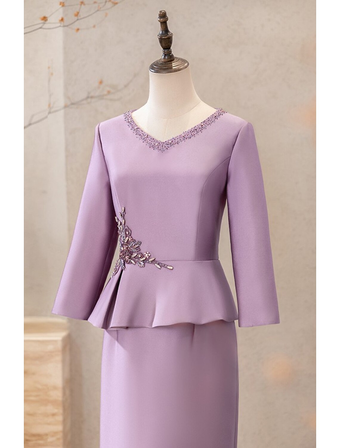 Luolandi Two Piece Cocktail Dresses Elegant Dress Wedding Party Tea Length Long Sleeve V Neck Satin