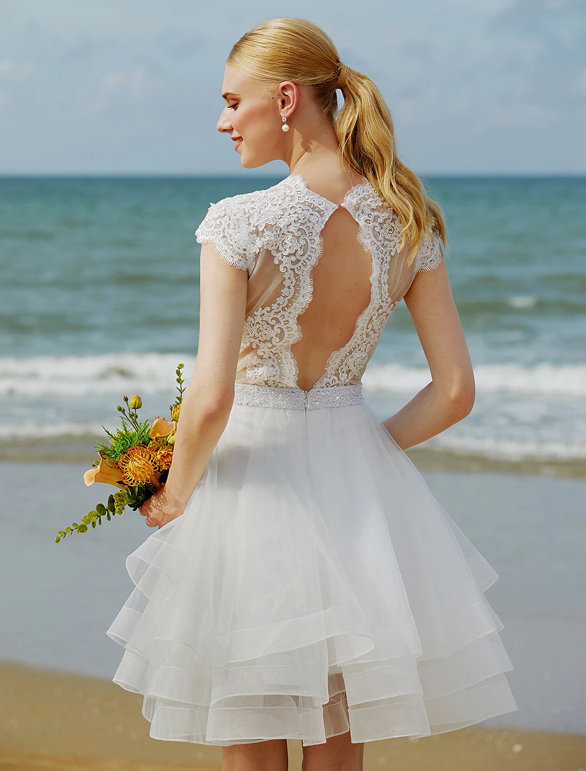 Luolandi Wedding Dresses A-Line V Neck Sleeveless Knee Length Tulle Bridal Gowns With Ribbon Beading