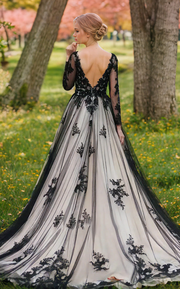 Luolandi Non-Traditional Gothic Black and Boho Lace Wedding Dress Flowy Forest Sleeved Backless Bridal Gown