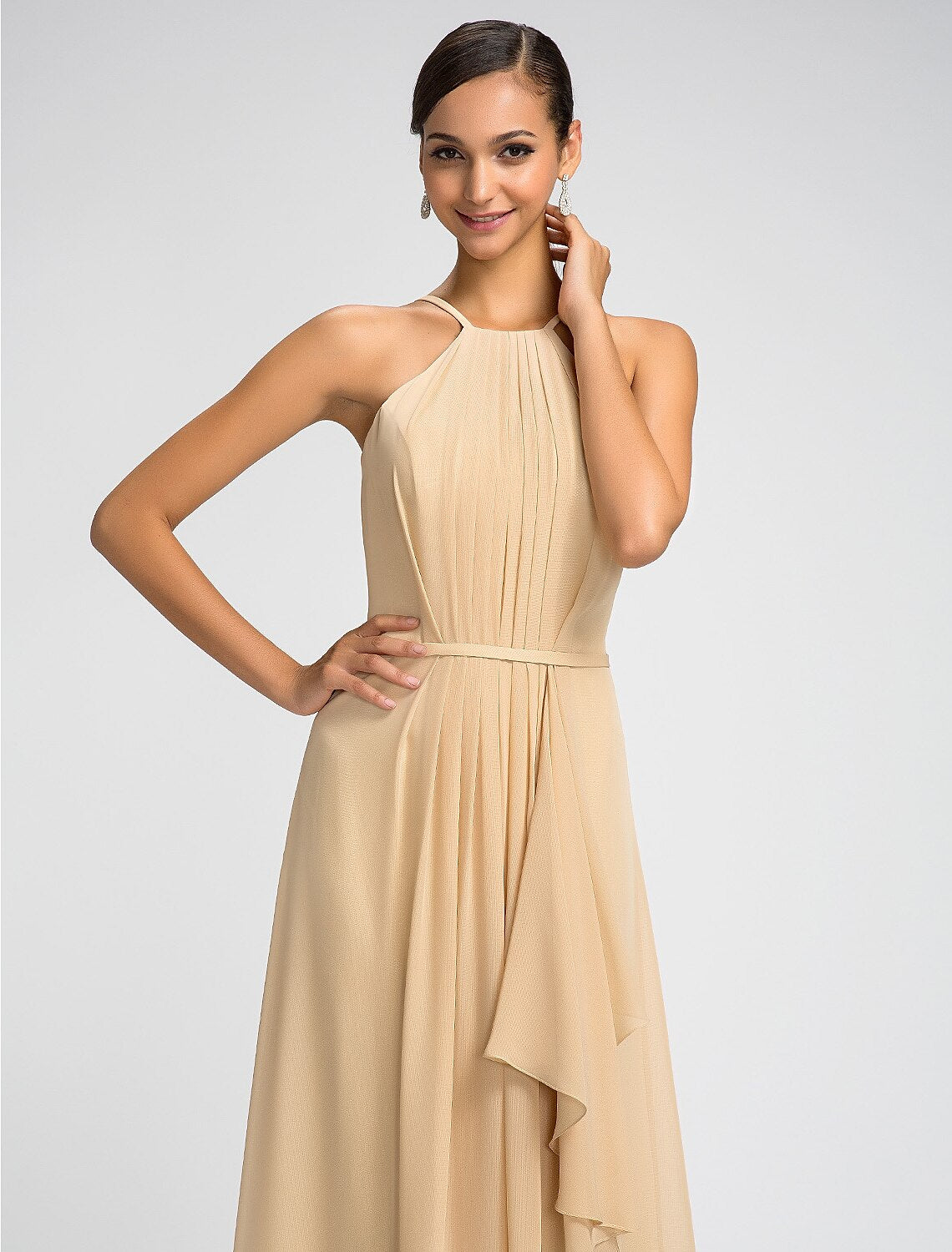 Luolandi Sheath High Neck Floor Length Chiffon Bridesmaid Dress with Draping
