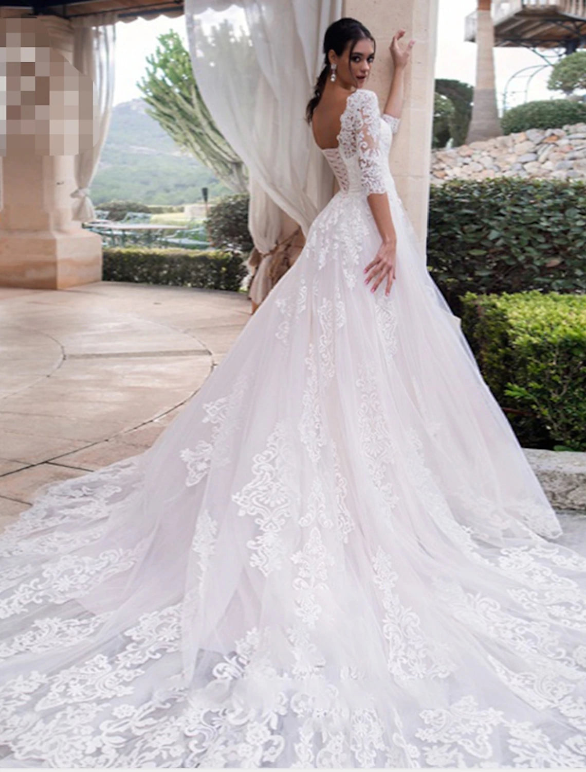 Luolandi Engagement Formal Wedding Dresses Ball Gown Illusion Neck 3/4 Length Sleeve Court Train Lace Bridal Gowns