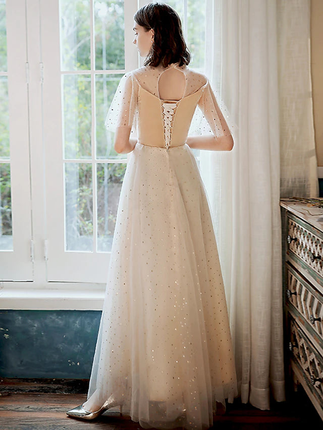 Luolandi A-Line Prom Dresses Glittering Dress Party Wear Ankle Length Half Sleeve High Neck Tulle with Pleats