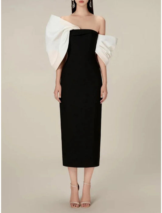 Sheath / Column Evening Gown Elegant Dress Formal Tea Length Half Sleeve Off Shoulder Satin with Bow(s)
