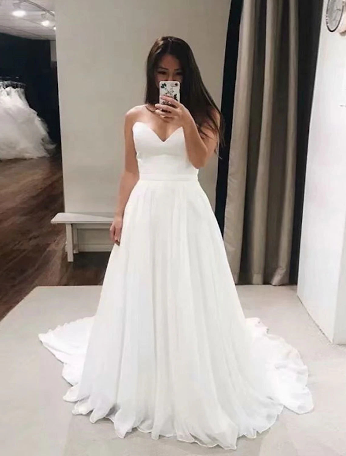 Luolandi Reception Casual Formal Wedding Dresses A-Line Sweetheart Strapless Court Train Chiffon Bridal Gowns
