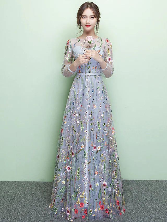 Luolandi A-Line Elegant Sparkle & Shine Formal Evening Dress Jewel Neck 3/4 Length Sleeve Floor Length Lace