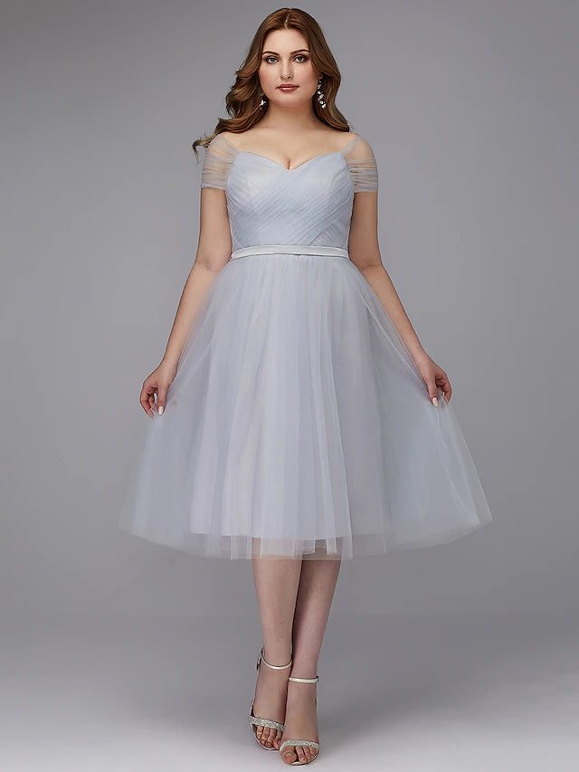 Luolandi A-Line Elegant Dress Wedding Guest Tea Length Short Sleeve Off Shoulder Tulle with Sash / Ribbon