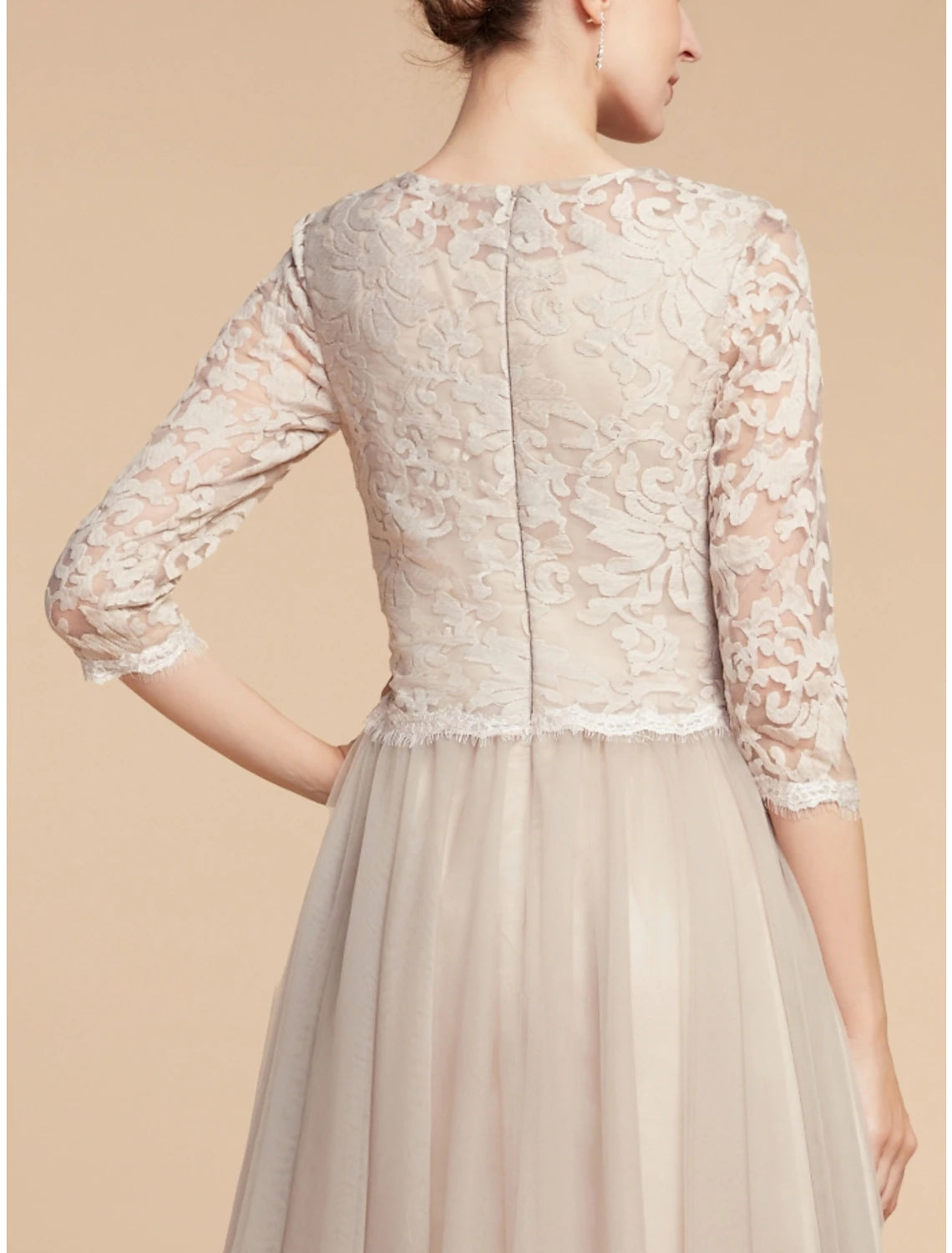 Luolandi A-Line Mother of the Bride Dress Wedding Guest Elegant Petite Jewel Neck Knee Length Lace Tulle Half Sleeve with Pleats