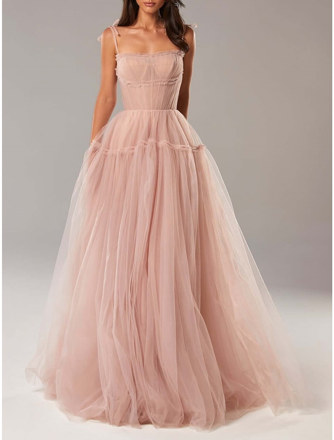 Luolandi A-Line Prom Dresses Elegant Dress Wedding Guest Floor Length Sleeveless Spaghetti Strap Tulle