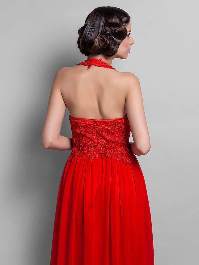 Luolandi Sheath / Column Elegant Dress Wedding Guest Asymmetrical Sleeveless Halter Chiffon Backless