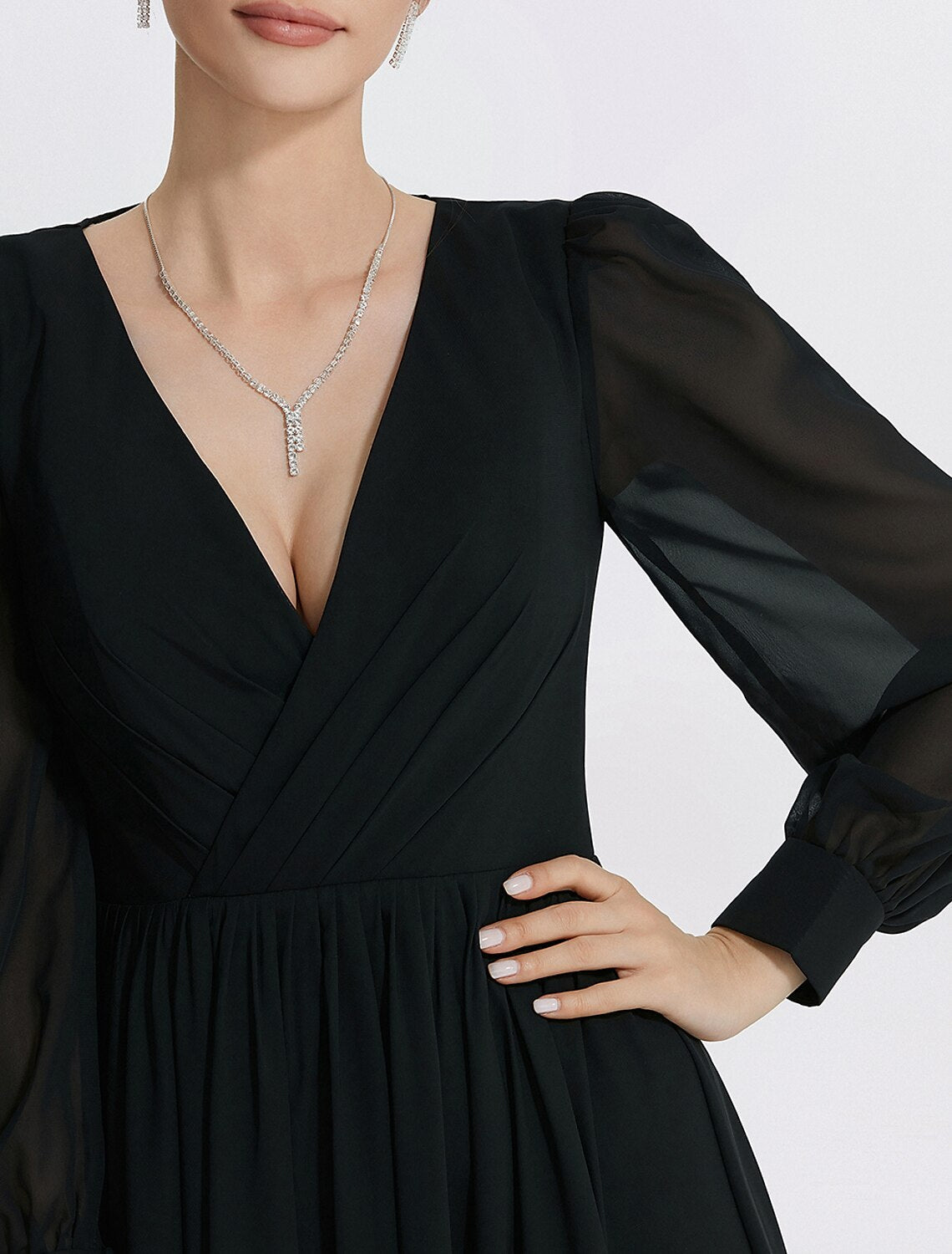 Luolandi A-Line Evening Gown Elegant Dress Formal Floor Length Long Sleeve V Neck Chiffon