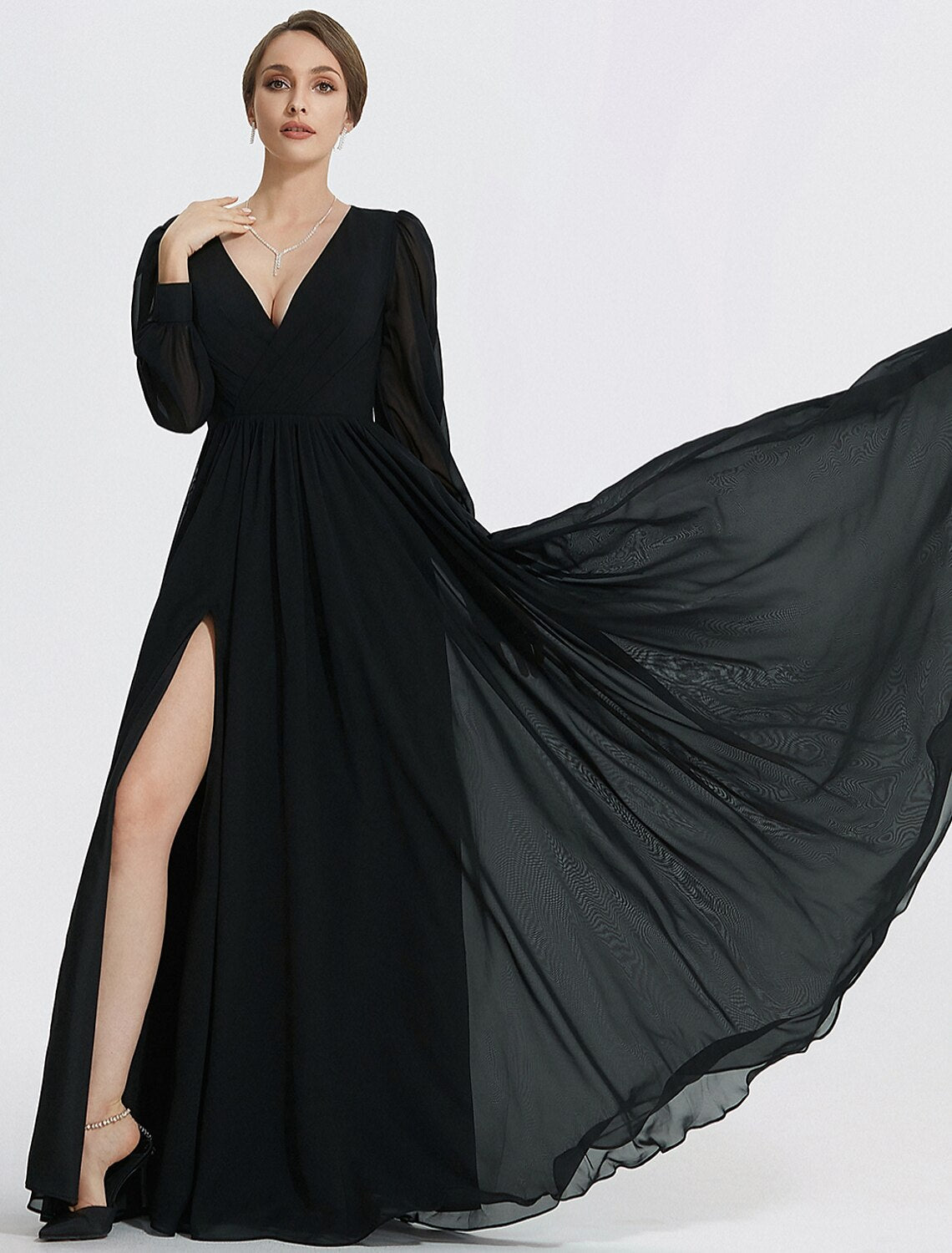 Luolandi A-Line Evening Gown Elegant Dress Formal Floor Length Long Sleeve V Neck Chiffon