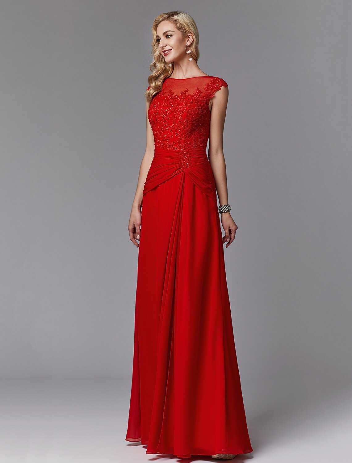 Luolandi Sheath / Column Mother of the Bride Dress Chinese Style See Through Illusion Detail Boat Neck Floor Length Chiffon Lace Sleeveless with Pleats Beading