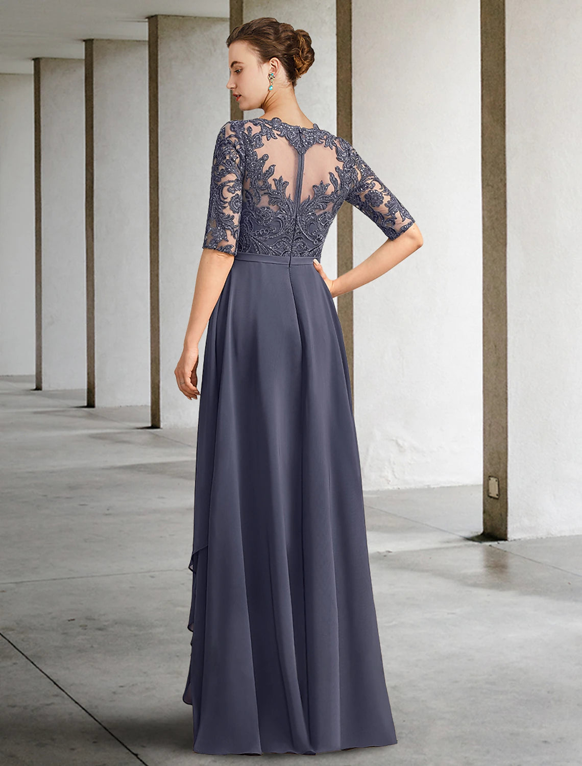 Luolandi A-Line Mother of the Bride Dress Formal Wedding Guest Elegant Scoop Neck Floor Length Chiffon Lace Half Sleeve with Bow(s)