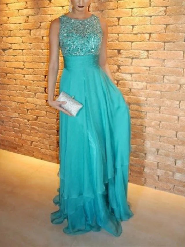 Luolandi A-Line Evening Gown Tiered Prom Dress Formal Sweep / Brush Train Sleeveless Jewel Neck Chiffon