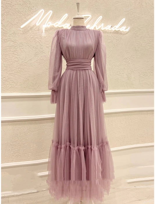 A-Line Prom Dresses Elegant Dress Formal Ankle Length Long Sleeve High Neck Tulle with Pleats