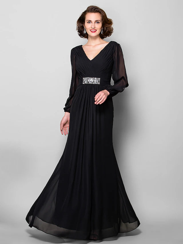 Luolandi A-Line Mother of the Bride Dress Open Back V Neck Floor Length Chiffon Long Sleeve