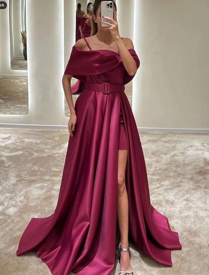 A-Line Evening Gown Elegant Dress Formal Floor Length Sleeveless Off Shoulder Satin with Crystals Slit