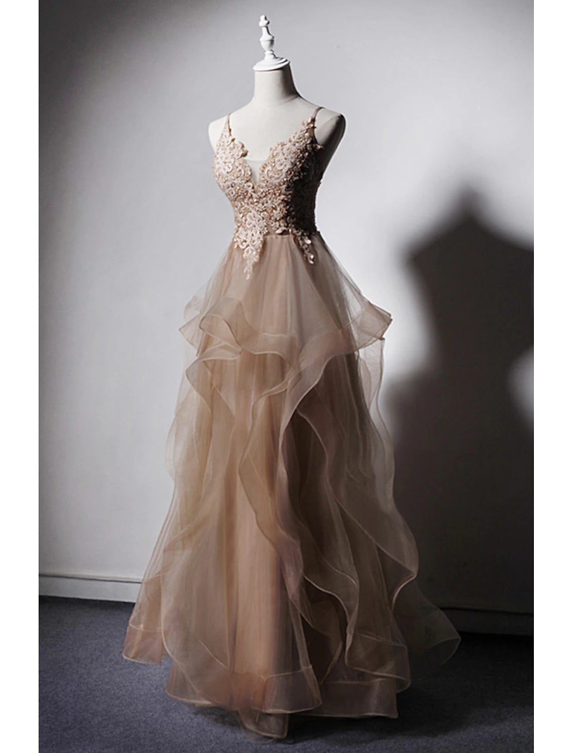 Luolandi A-Line Prom Dresses Open Back Dress Formal Wedding Party Floor Length Sleeveless Spaghetti Strap Lace with Ruffles