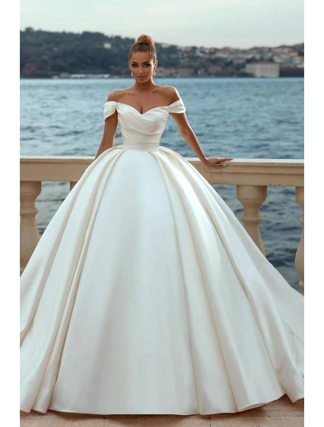 Luolandi Engagement Formal Wedding Dresses Ball Gown Off Shoulder Cap Sleeve Court Train Satin Bridal Gowns With Ruched