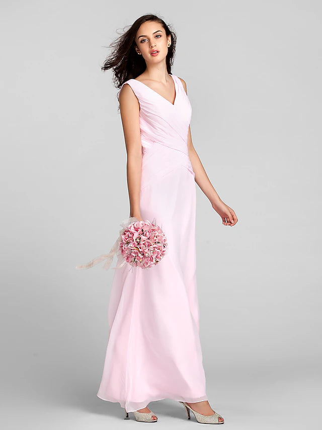 Luolandi Sheath / Column Bridesmaid Dress V Neck Sleeveless Floor Length Chiffon with Criss Pure Color Pure Color Cross