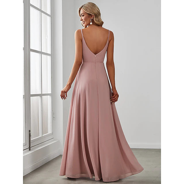 Luolandi A-Line Bridesmaid Dress V Neck Sleeveless Elegant Floor Length Chiffon with Draping / Solid